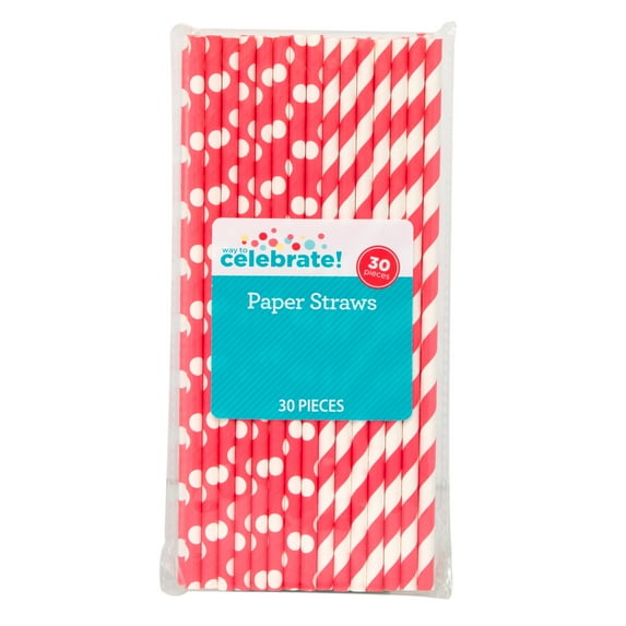 Way to Celebrate! Red Polka Dot & Striped Paper Straws, 30ct