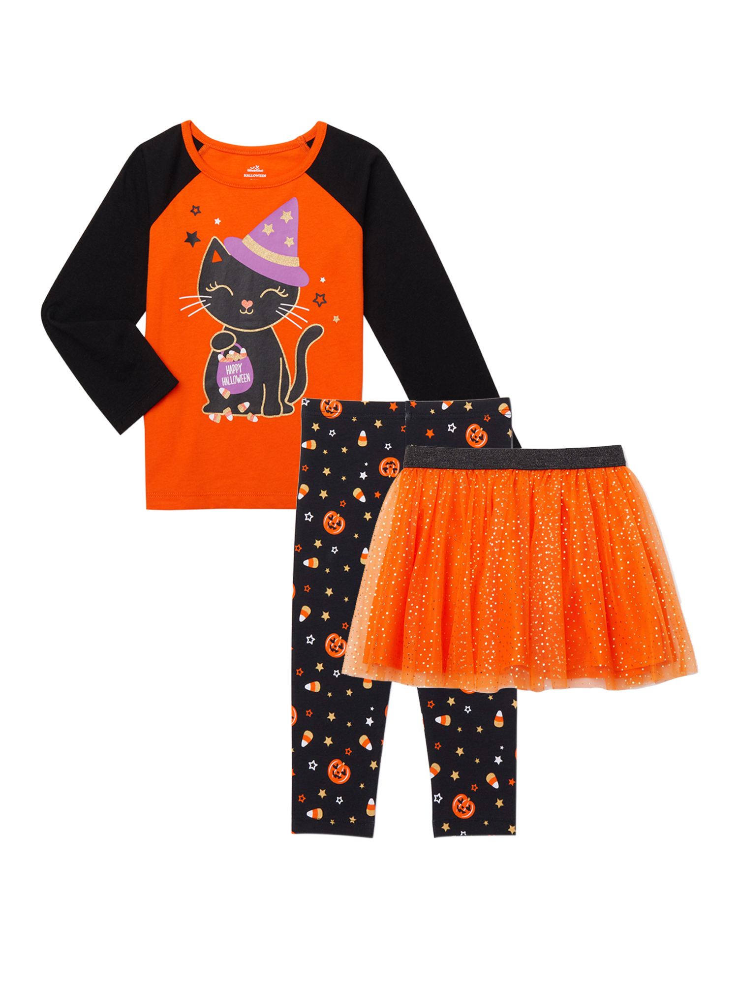 Way to Celebrate Toddler Girl Halloween Long Sleeve Top, Tutu Skirt & Leggings , 3pc Outfit Set