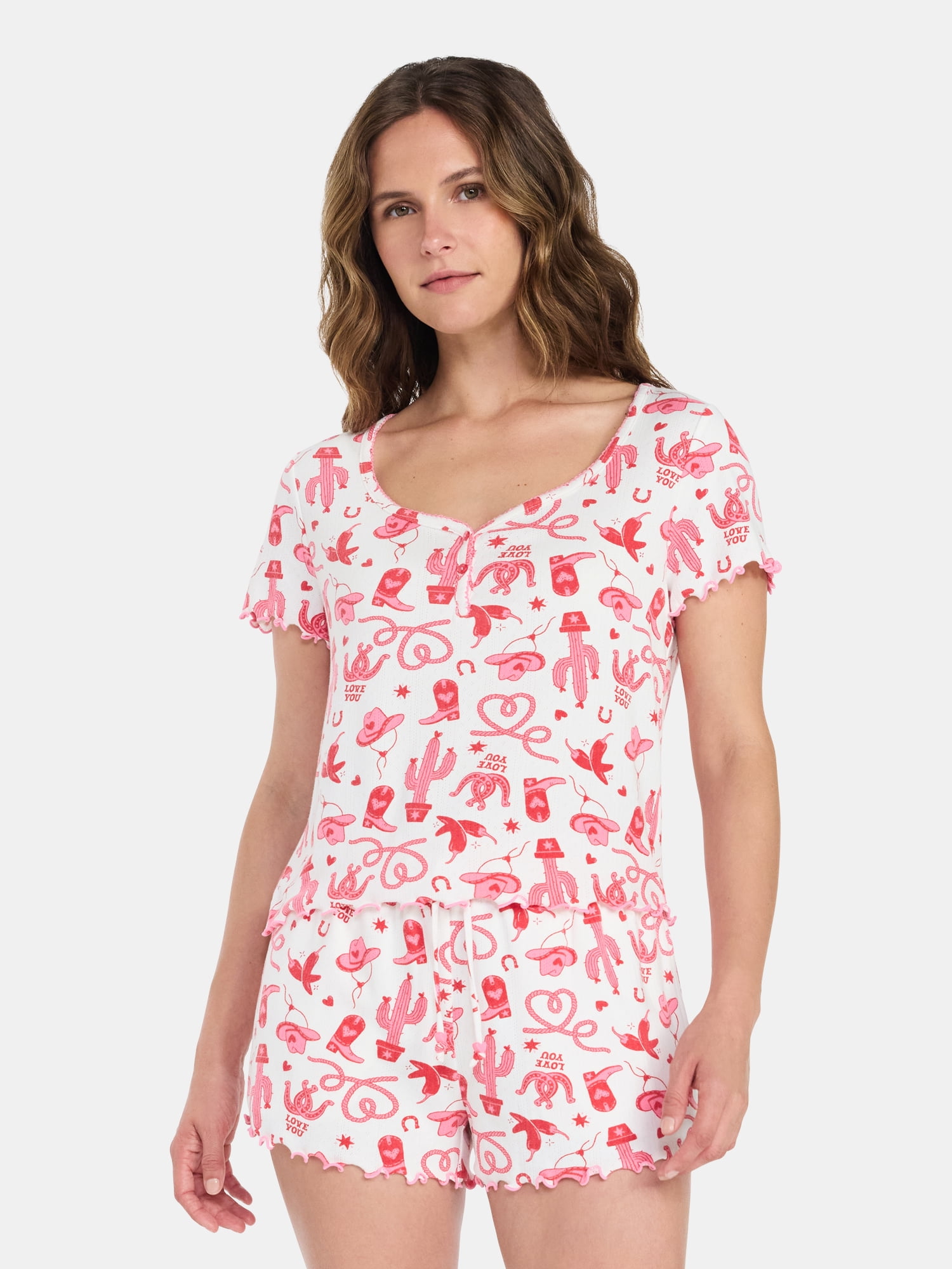 Valentine's Day Women's Knit Henley Top and Shorts Pajama Set from Way to Celebrate, 2-Piece, Sizes XS-3X