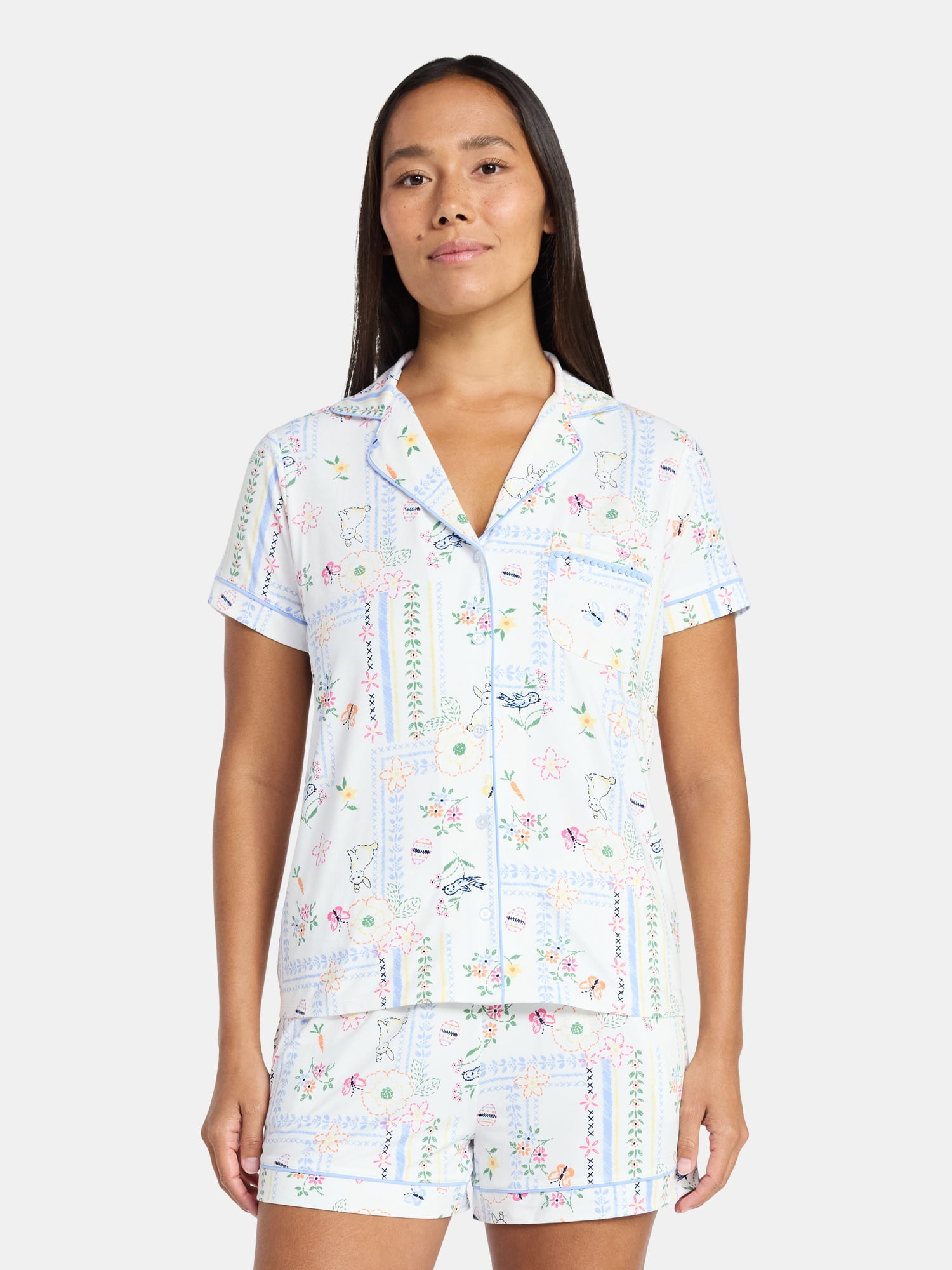 Easter Women's and Women's Plus Notch Collar Top and Shorts Pajama Set from Way to Celebrate, 2-Piece, Sizes XS-3X
