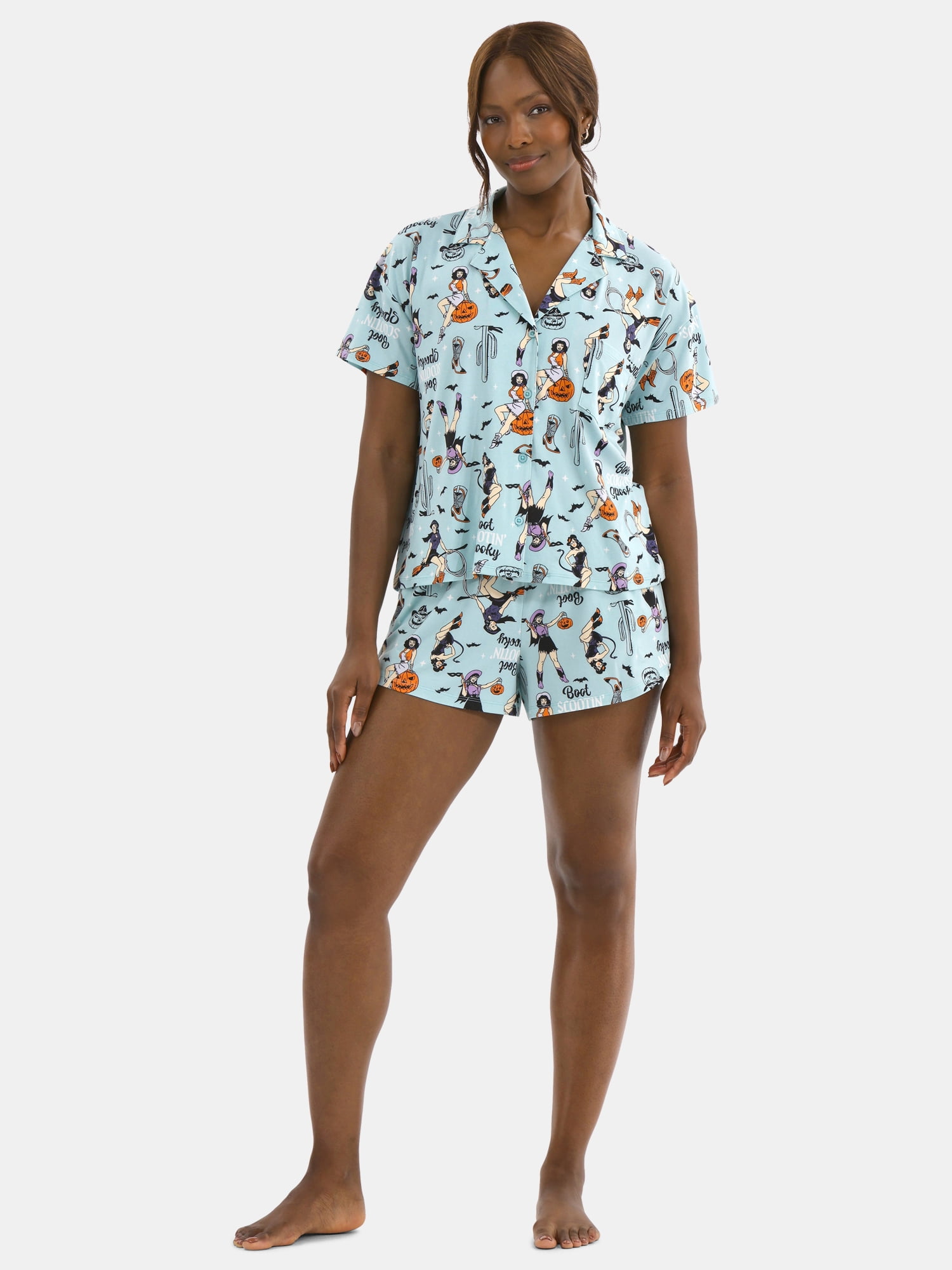 Halloween Women's Printed Notched Top and Shorts Pajama Set