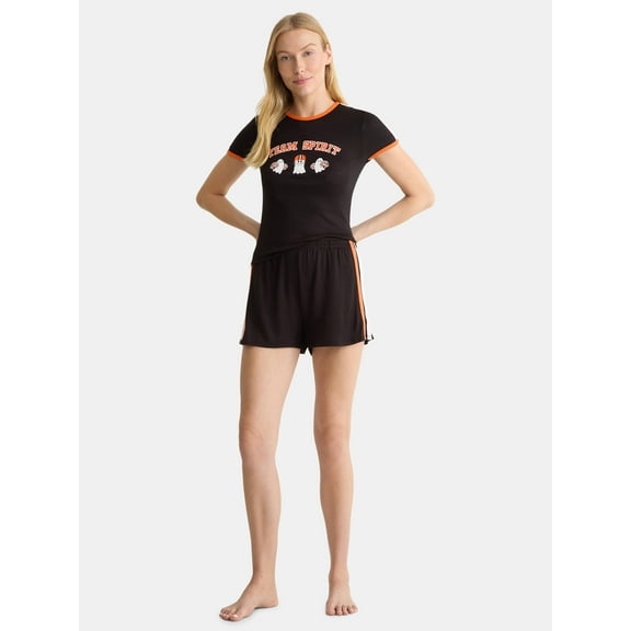 Halloween Women's and Women’s Plus Varsity Tee and Shorts Pajama Set, 2-Piece, Sizes XS to 3X