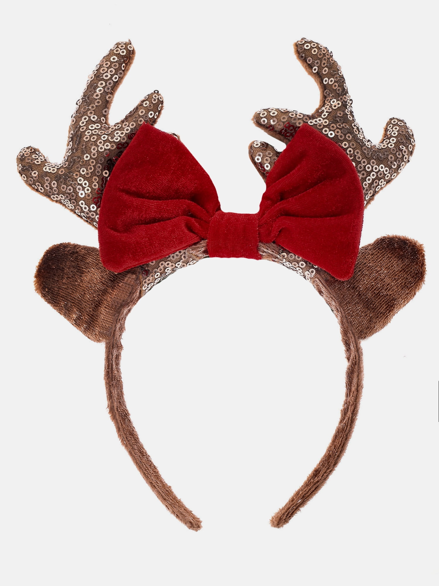 Way to Celebrate Women's Velvet Bow Reindeer Antler Headband, Brown/Red, 1 Piece, One Size Fits Most