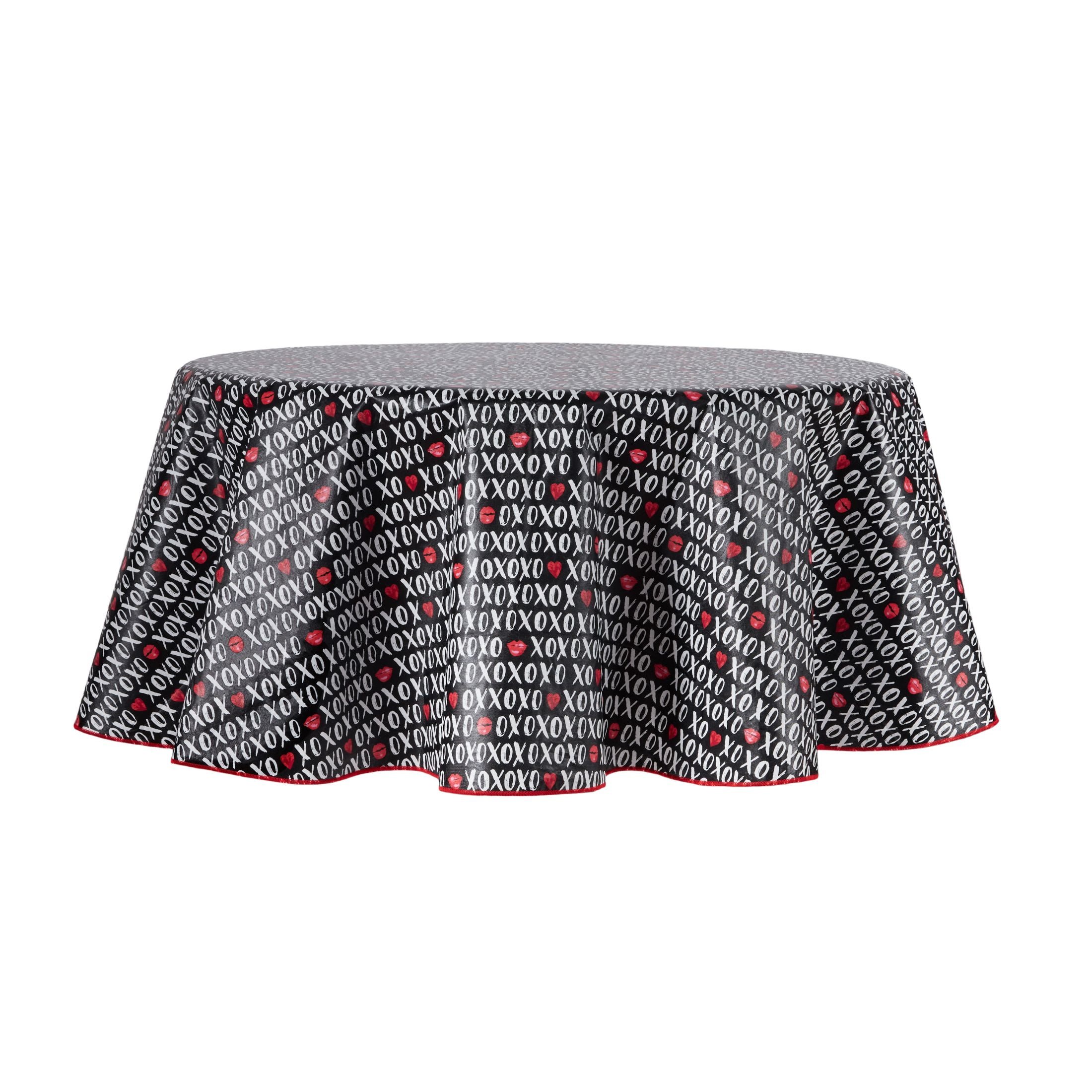 Way to Celebrate XO Lips and Hearts Vinyl Tablecloth, Black, 70" Round