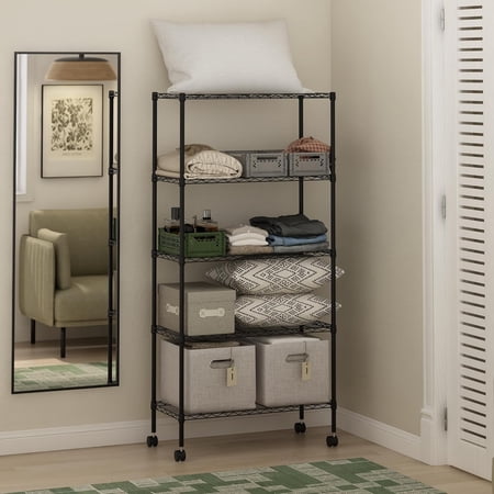Wayar 5-Tier Metal Storage Shelf Rack Cart with Casters, 30 x 14 x 58, Black