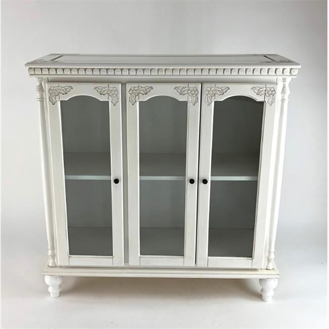 White Birchwood Glass Door Cabinet with Carved Design