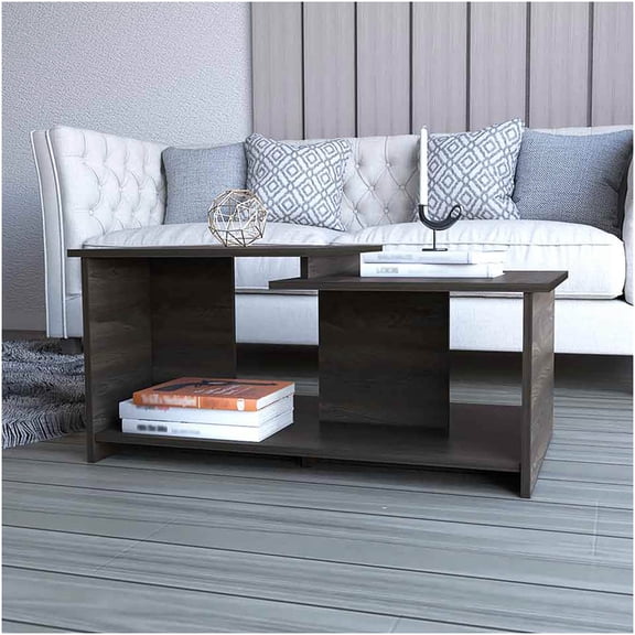 Waycross Modern Brown Coffee Table with Shelf, Two Tier Tabletop, Melamine Surface