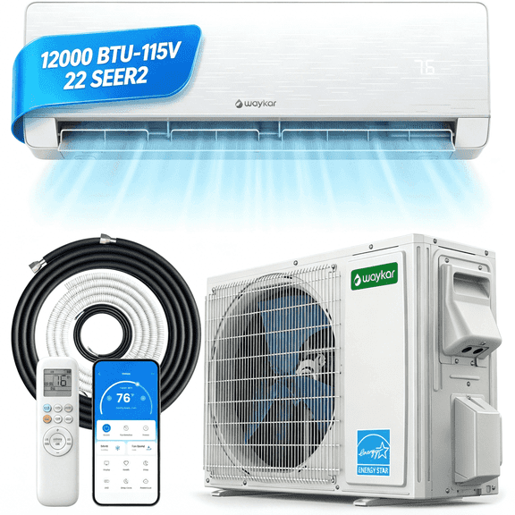 Waykar 12000 BTU Mini Split Air Conditioner and Heater, 115V 22 SEER2 WiFi Smart Inverter Ductless AC, R32 Pre-Charged, 22dB Ultra Quiet, Alexa, Cools/Heats 750 Sq.Ft.