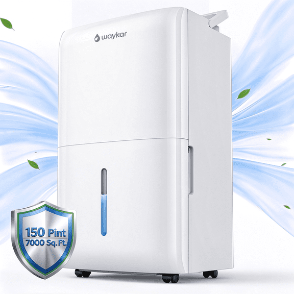 Waykar 7,000 Sq. Ft. 150 Pint Dehumidifier for Large Rooms, Basement, Commercial, Industrial, Portable Dehumidifier with Drain Hose & Tank, Auto Defrost, Ultra Quiet, Smart Auto Comfort Mode