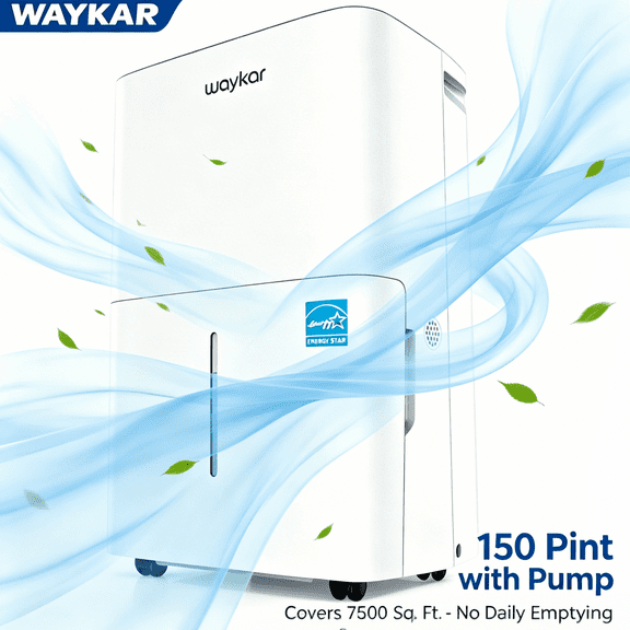 Waykar 150 Pint Dehumidifier with Built-in Pump, No Daily Emptying, Continuous Auto Drain for Basements & Whole House up to 7,500 Sq. Ft, 50 Pint DOE, Auto Defrost