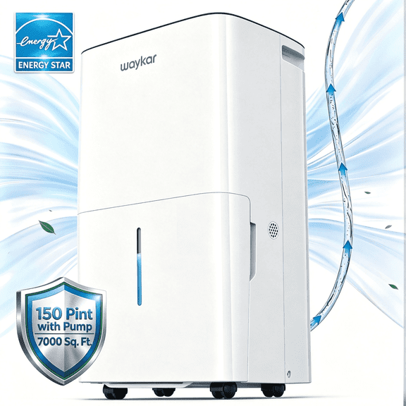 Waykar 7000 Sq. Ft. 150 Pint Dehumidifier with Pump & & Drain Hose, No Daily Emptying, Whole House Dehumidifier for Home & Basements, 50 Pint DOE, Auto Defrost
