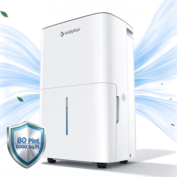 Waykar 80 Pint Dehumidifier for Basement, Crawl Space & RV/Boat Storage, 5,000 Sq. Ft., Auto Defrost for Cold Winter, Continuous Drain, No Daily Emptying, 25 Pint DOE