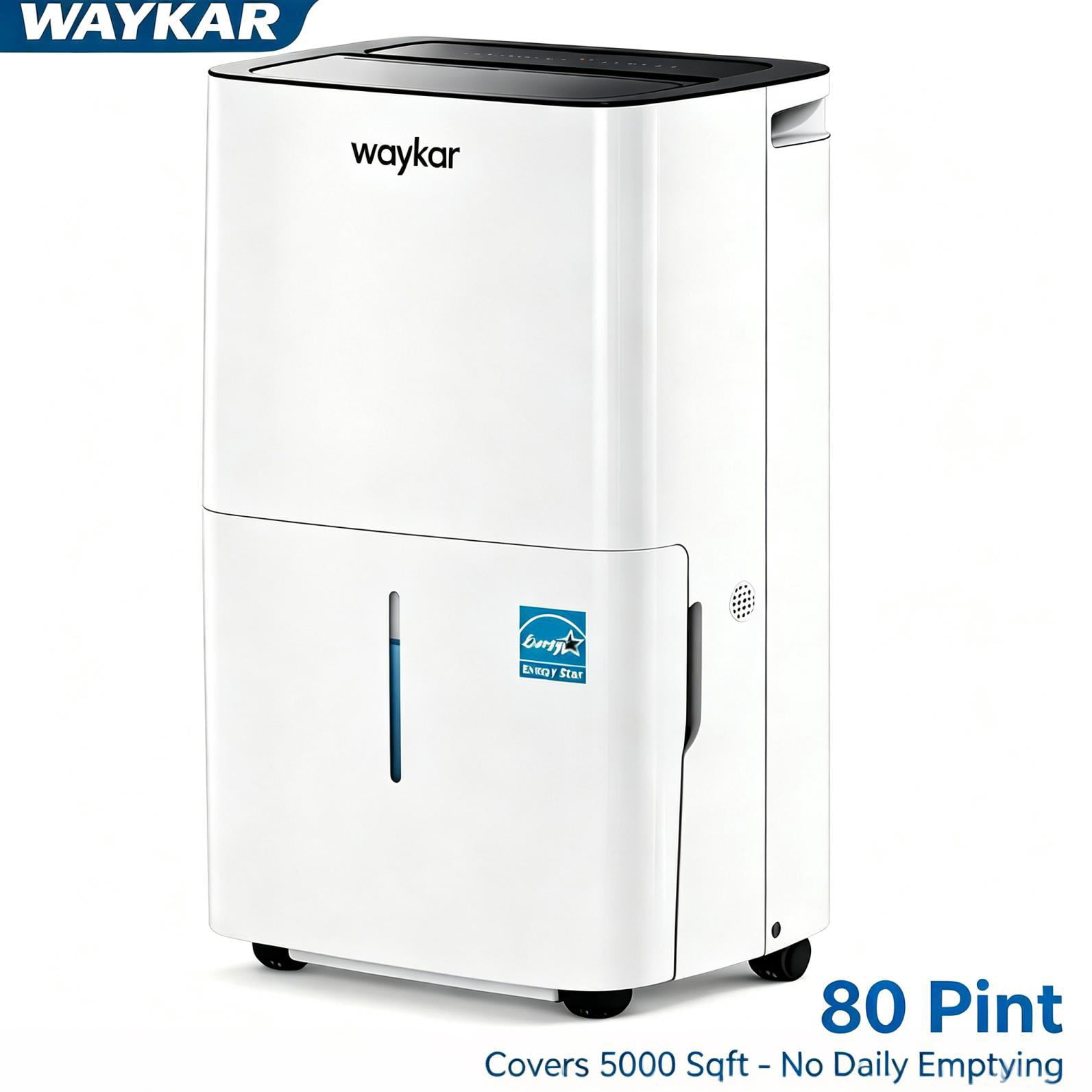 Waykar 80 Pint Dehumidifier for Basements & Rooms up to 5000 Sq Ft, No Daily Emptying with Continuous Drain Hose, Auto Defrost, 24 Pint Energy Star DOE