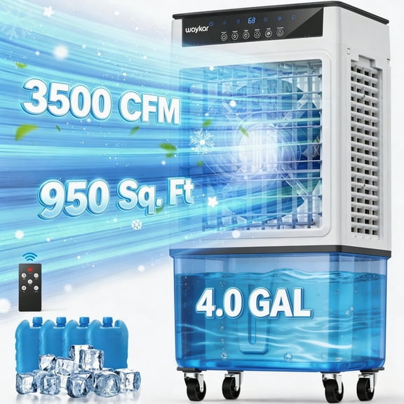 Waykar 3500 CFM 3-Speed Portable Evaporative Air Cooler for 950 sq. ft., Evaporative Swamp Cooler with 4Gal Water Tank and Remote Control for Garage, Yard