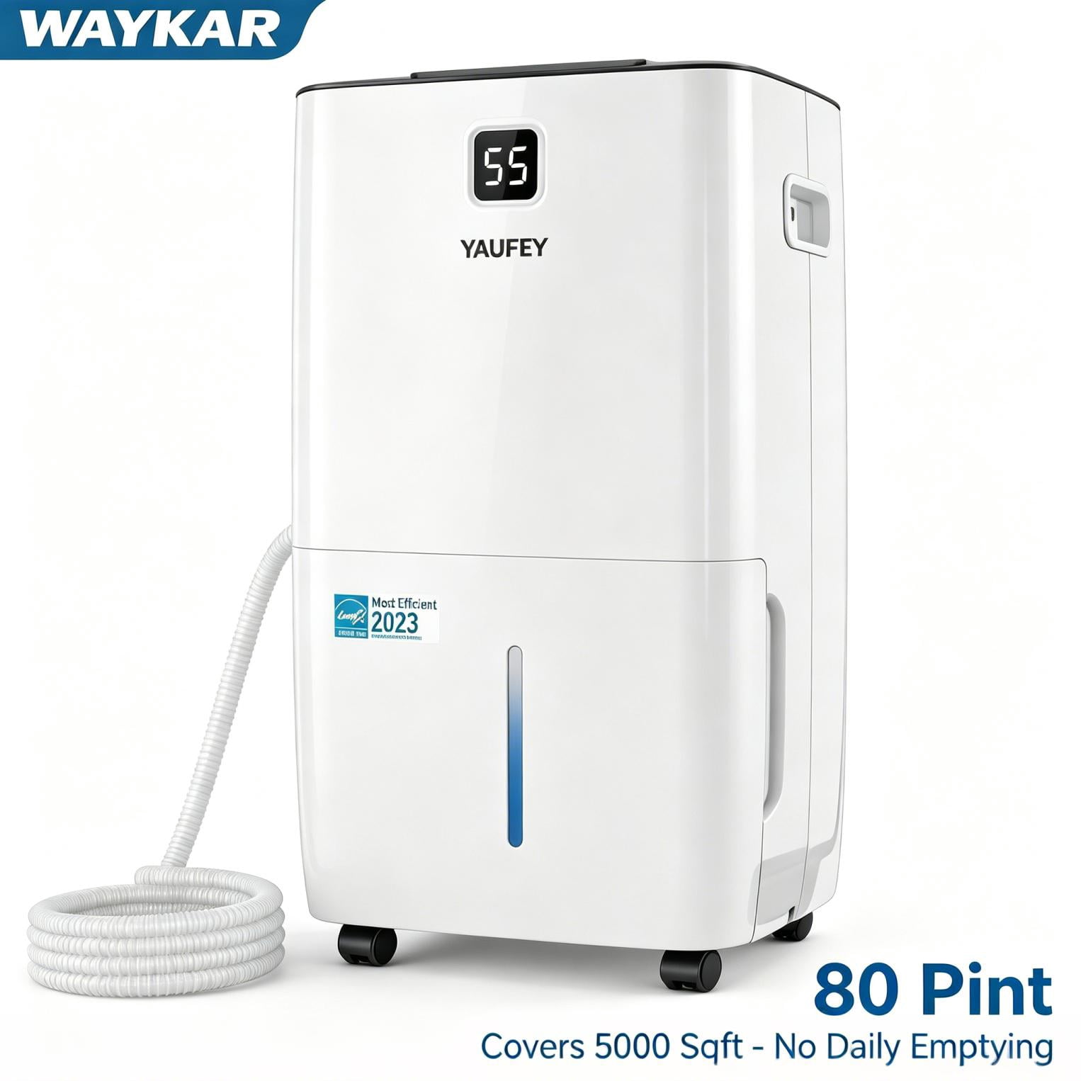 Waykar 80 Pint Dehumidifiers for Basements & Large Rooms up to 5000 Sq. Ft., with Continuous Drain Hose, Auto Defrost, 3 Modes & Child Lock, 25 Pint DOE Energy Star