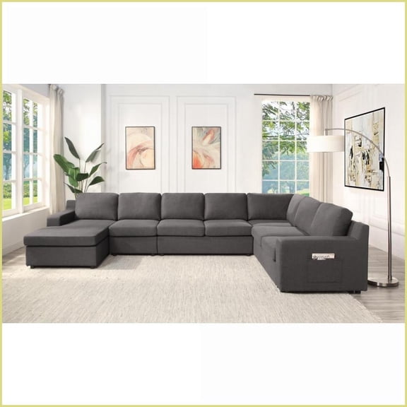 Waylon 145.5" 7-Seater U-Shape Modular Sectional Sofa - Gray Linen, Left-Facing Chaise, Pocket Arm | Gray | Linen | Square Arms
