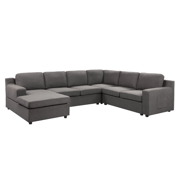Waylon Gray Linen 6-Seater U-Shape Sectional Sofa Chaise and Pocket