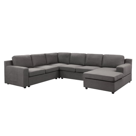Waylon Gray Linen 6-Seater U-Shape Sectional Sofa Chaise and Pocket