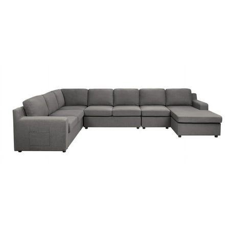 Waylon Gray Linen 7-Seater U-Shape Sectional Sofa Chaise with Pocket
