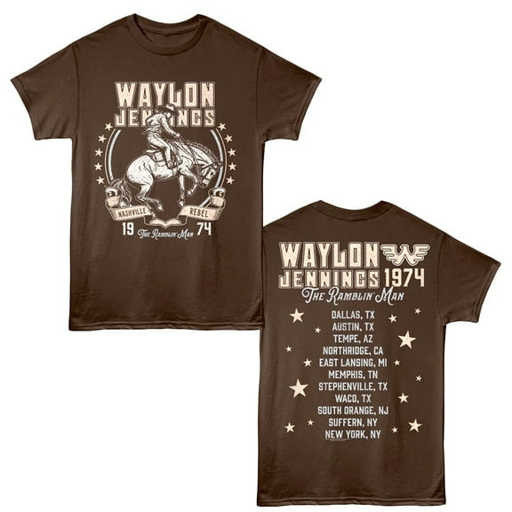 Waylon Jennings - Nashville Rebel Cowboy - Officially Licensed - Brown Solid 2-Sided Print Adult Short Sleeve T-Shirt