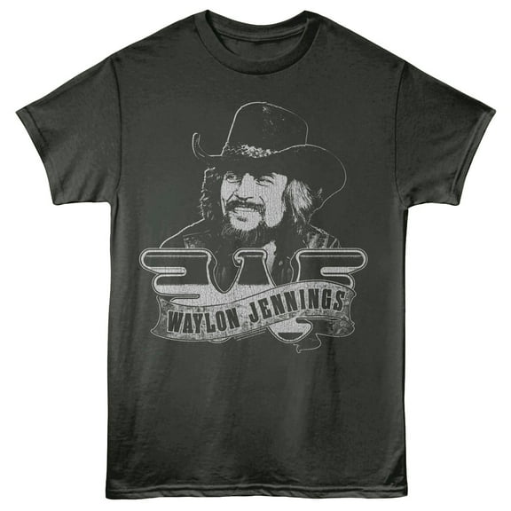 Waylon Jennings - Portrait And Logo - Officially Licensed - Gray Solid Front Print Adult Short Sleeve T-Shirt