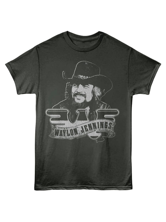 Waylon Jennings - Portrait And Logo - Officially Licensed - Gray Solid Front Print Adult Short Sleeve T-Shirt