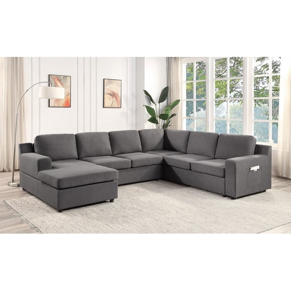 Waylon Linen 6-Seater U-Shape Sectional Sofa Chaise -Gray