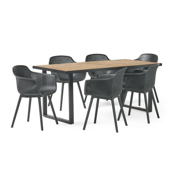 Waylon Wood and Resin Outdoor 7 Piece Dining Set, Black and Teak
