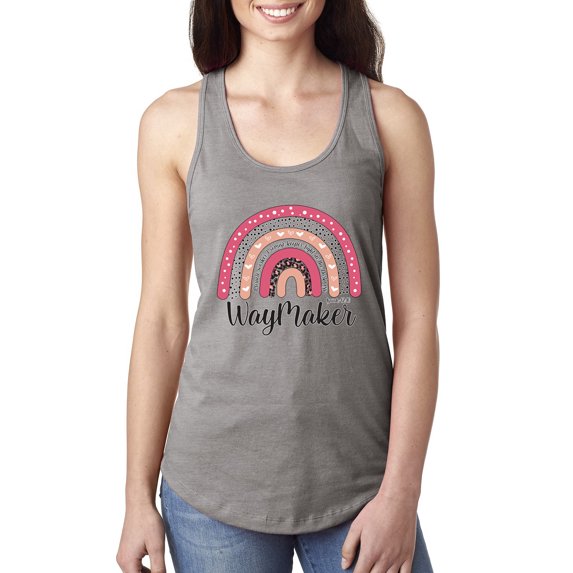 Waymaker Rainbow Inspirational/Christian Ladies Racerback Tank Top, Heather Grey, Medium