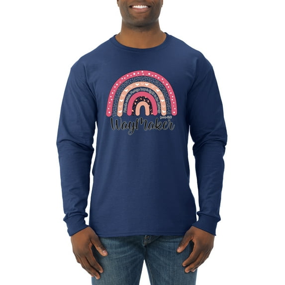 Waymaker Rainbow Inspirational/Christian Mens Long Sleeve Shirt, Navy, X-Large