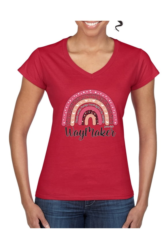 Waymaker Rainbow Inspirational/Christian Women’s Standard V-Neck Tee, Red, Medium