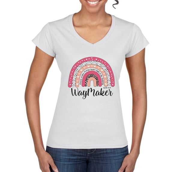 Waymaker Rainbow Inspirational/Christian Women’s Standard V-Neck Tee, White, Large
