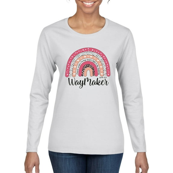 Waymaker Rainbow Inspirational/Christian Womens Graphic Long Sleeve T-Shirt, White, Medium