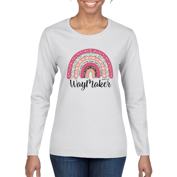 Waymaker Rainbow Inspirational/Christian Womens Graphic Long Sleeve T-Shirt, White, Medium