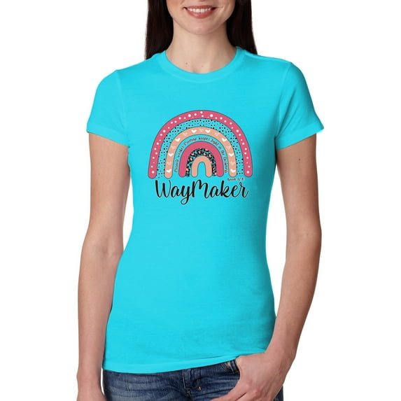 Waymaker Rainbow Inspirational/Christian Womens Slim Fit Junior Tee, Tahiti Blue, Medium