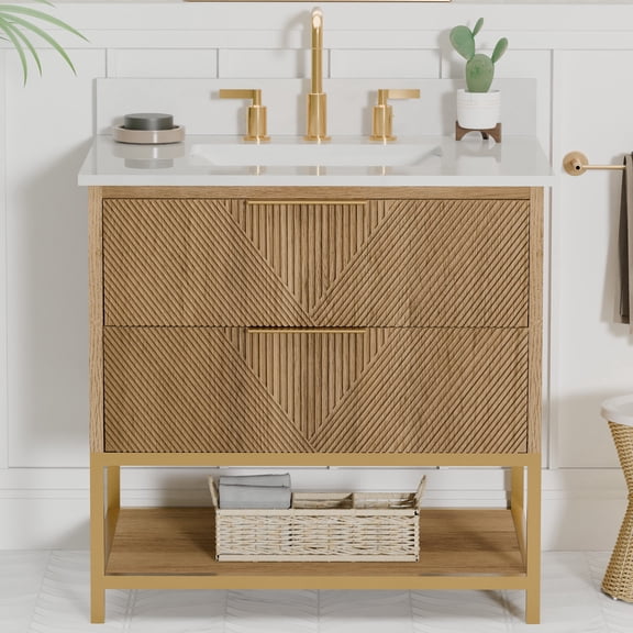 Tile & Top Waymart Bathroom Vanity Single Basin White Quartz Top Undermount Sink 2 Soft-Close Drawers Brown Oak Finish 31 in W x 22 in D x 34.5 in H