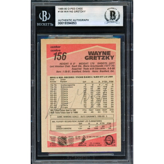 Wayne Gretzky Autographed 1989-90 O-Pee-Chee Card #156 Los Angeles Kings (Signed on Back) Beckett BAS #19394853