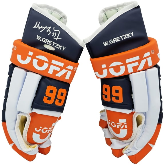Wayne Gretzky Autographed Pair of Navy Blue & Orange Jofa Auth 1989 Hockey Gloves Edmonton Oilers "99" UDA Holo #BAM191892