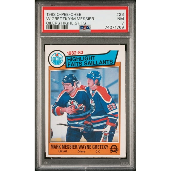Wayne Gretzky and Mark Messier 1983 O-Pee-Chee Highlights Card #23 Graded PSA 7
