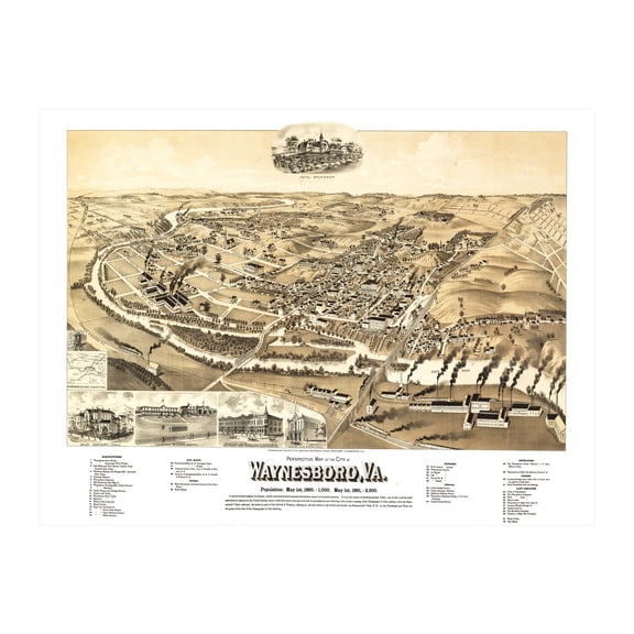 Waynesboro Art, 1891 Vintage Map of Waynesboro Virginia, VA History Wall Decor Gift, Old Waynesboro Map - 24" x 18" Unframed Print