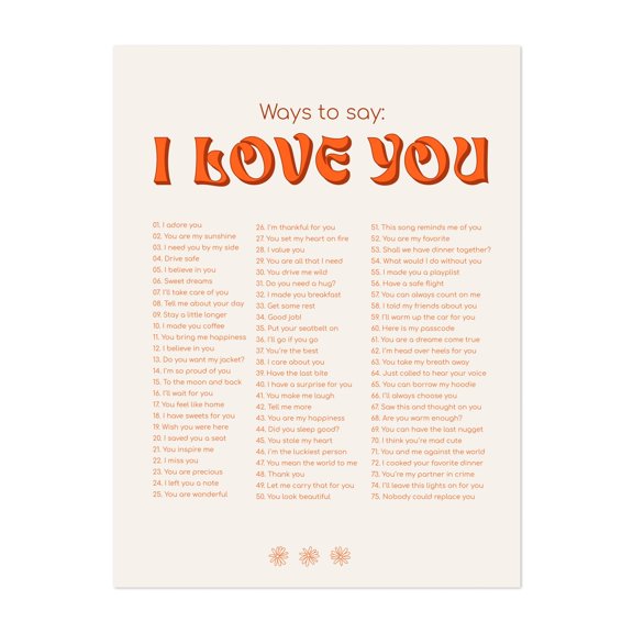 Ways to say I love You Orange - Typography Inspirational Quote Motivational Retro Nostalgia Unframed Wall Art Print 36 x 48 inches