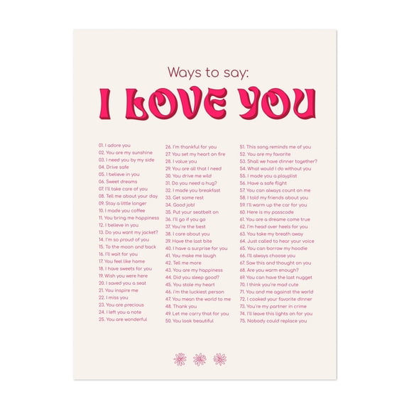 Ways to say I love You Pink - Typography Quote Inspirational Motivational Unframed Wall Art Print 12 x 16 inches