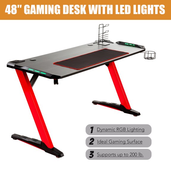 Wayshire 4ft. Gaming Table Z Shaped Gaming Desk w 6-Color LED Lights Large Mouse Pad, Red