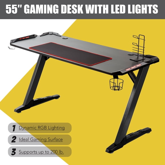 Wayshire 55" Black Z-shaped Gaming Table w LED Lights, Mouse Pad, Easy Cable Management, & More