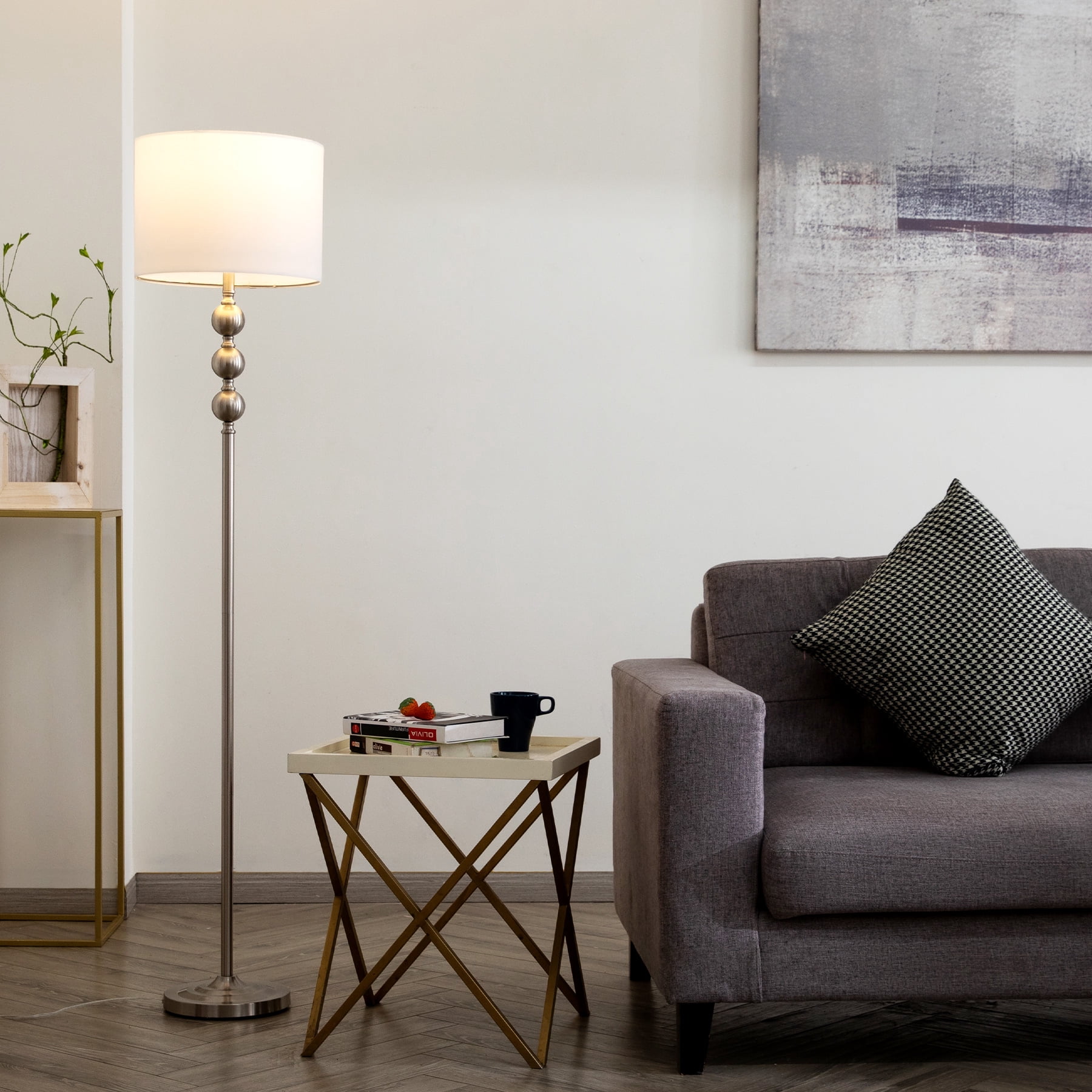 Wayshire 62" Modern Floor Lamp with Drum Lamp Shade | 3-Orb Art Deco Standing Lamp with Fabric Shade and Weighted Base