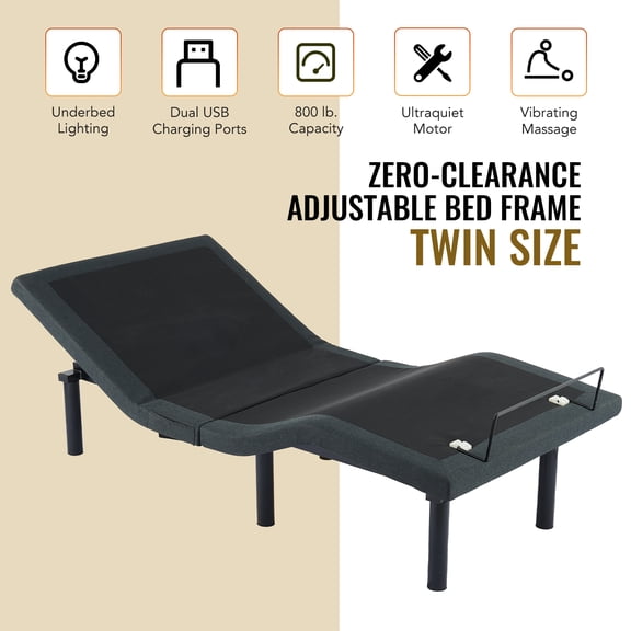 Wayshire Adjustable Twin XL Bed Frame Adjustable Bed Base with Wireless Remote, Motorized Head & Foot Incline, Vibration Massage, USB Port, Lighting