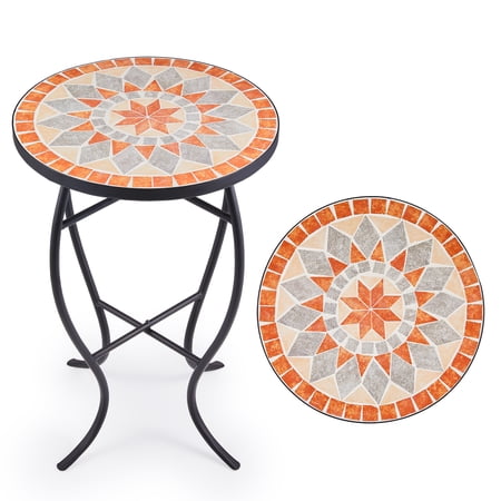 Wayshire Mosaic Patio Side Table,21" H End Table with 14" Dia Ceramic Tile Top, Indoor and Outdoor Accent Table for Garden, Yard or Lawn