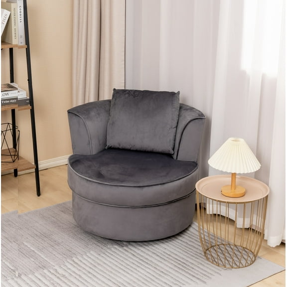 Waytrim Velvet Swivel Barrel Chair with Pillow, Round Accent Sofa, Gray