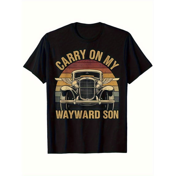 Wayward Son Vintage Kansas Lyrics T-Shirt - Retro Classic Car Graphic Tee with Golden "Carry On My Wayward Son", Unisex Crew Neck Shirt for Rock Fans