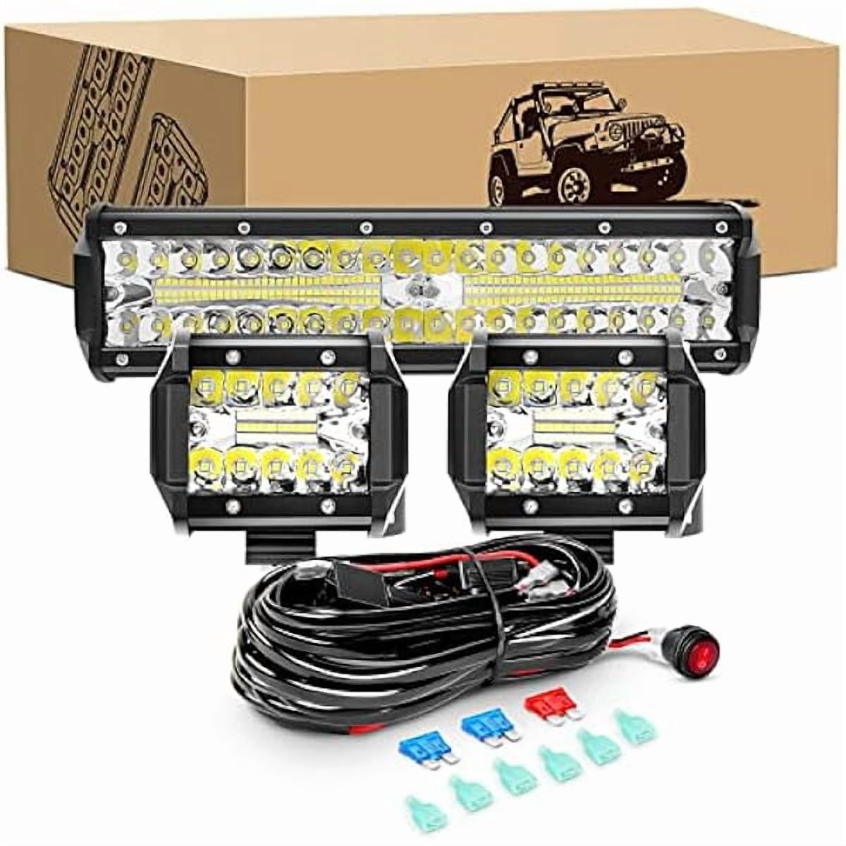 Waywe 12inch 300W Led Light Bar 2PCS 4inch 60W LED Pods Led Driving Fog Lights with 16AWG Off Road Wiring Harness-3 Leads for Truck Golf Cart SUV ATV UTV Boat
